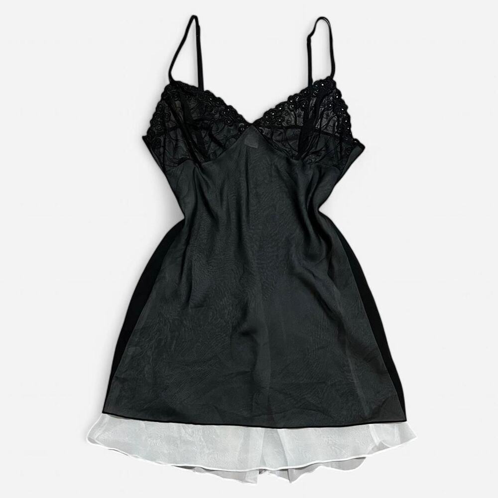 VTG 90s Vertigineux Sheer Black & White Mesh Floral Embroidered Babydoll Slip L